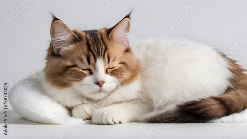 A cute munchkin cat sleeping on a fluffy white blanket, isolated on grey background
