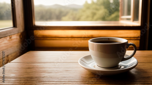 A cup of coffee on wooden table