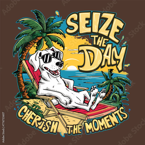 A vibrant and humorous t-shirt design featuring a cool dog wearing sunglasses, lounging casually in a beach chair with quotes and stylish typography in summer vibes theme.
