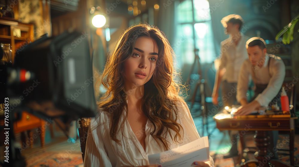 back shot of an actress sitting on a chair in a movie set, holding and reading a script in one hand. generative ai back shot of an actress sitting on a chair in a movie set, holding and reading a script in one hand. generative ai