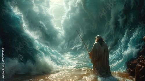 Portrait of the biblical back view of Moses dividing the sea with his stick: a depiction of divine power and liberation, with towering walls of water parting to reveal a path of destiny. photo