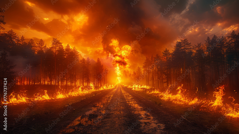 a forest on fire, we see in the foreground a road where there are no cars, because of global warming,generative ai a forest on fire, we see in the foreground a road where there are no cars, because of global warming,generative ai