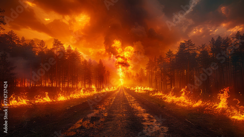 a forest on fire, we see in the foreground a road where there are no cars, because of global warming,generative ai © JKLoma