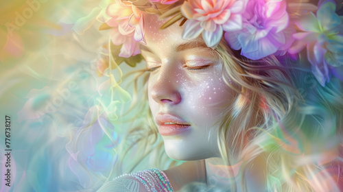 A serene depiction of a young woman with a flower crown of rainbow petals as if she is channeling the energy of nature and music into one harmonious melody. Soft pastel colors blend .