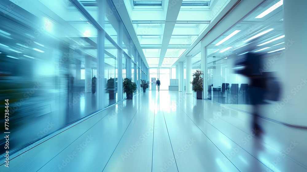 Interior of office and employees in company corridor, motion blur effect . generative AI