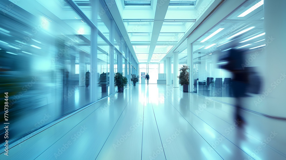 Fototapeta premium Interior of office and employees in company corridor, motion blur effect . generative AI