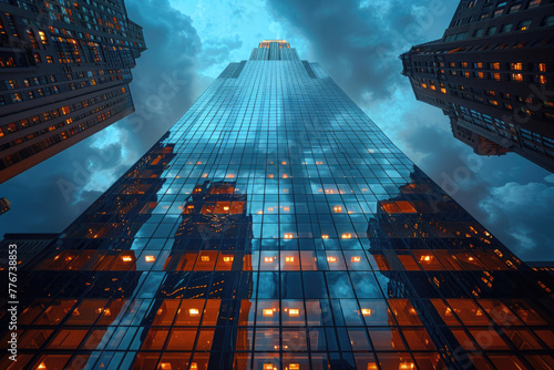 A photo of a modern skyscraper with its glass facade reflecting the city around it