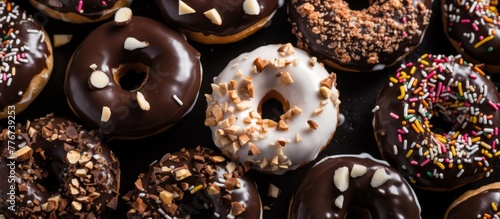 Displaying an assortment of assorted donuts with various flavors and toppings in a close-up shot photo