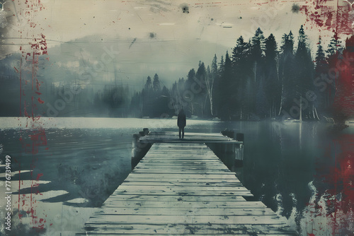 Vintage LP Album Cover: Lonely Pier and Reflective Lake with Red Accents photo