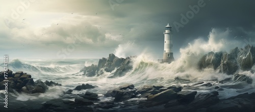 A majestic lighthouse stands tall on a rugged shore as powerful waves relentlessly crash against it, creating a captivating scene
