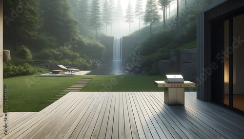 Minimalist Backyard Retreat: Serene Waterfall and Sleek Grill Amidst Nature's Calm