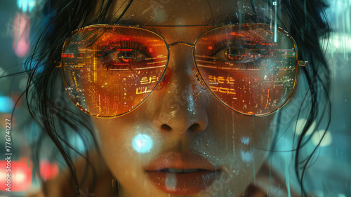 Ethereal reflection  cinematic  woman by shop window  gazing  futuristic urban landscape  flying vehicles  man with sunglasses generative ai
