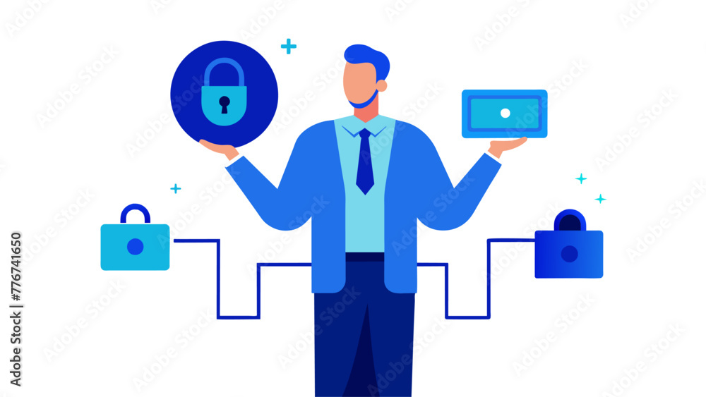 Businessman holding security padlock button on virtual screens, technology internet and networking concept, blue sci-fi tone Businessman holding security padlock button on virtual screens, technology internet and networking concept, blue sci-fi tone