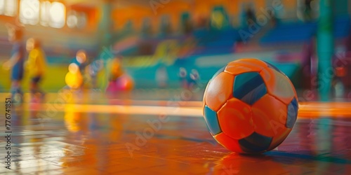 An orange and blue soccer ball is sitting on the ground, with its colorful panels vivid against the grass. The ball appears ready for action, waiting to be kicked or passed by players.