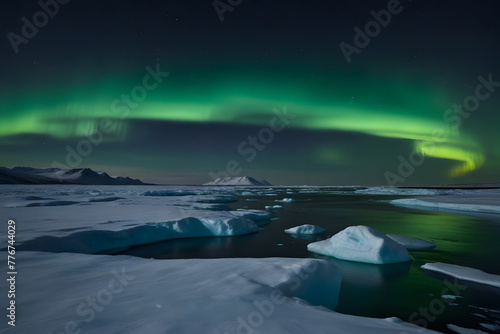 Frozen Tundra with Icebergs and Green Glow