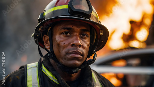 Portrait of an African American firefighter after fighting an emergency