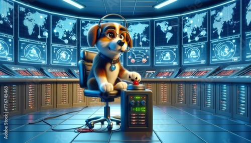 Cartoon dog operating advanced computer systems in a high-tech security room, representing a playful spin on cyber security and surveillance