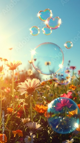 Sunset over a blossoming meadow with reflective bubbles creating a magical atmosphere in the golden hour light
