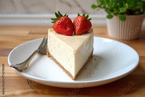 A piece of classical cheesecake with strawberries on white plate on wooden table. AI Generated 