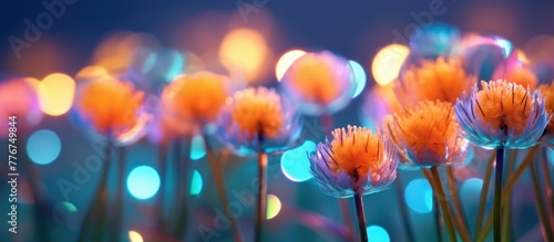 Bokeh abstract background of Gomphrena globosa flowers. orange  blue light