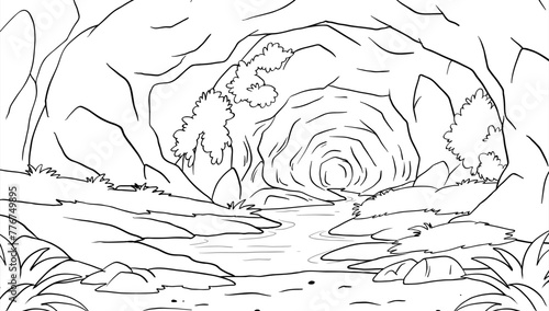 Black and white illustration of a forest stream