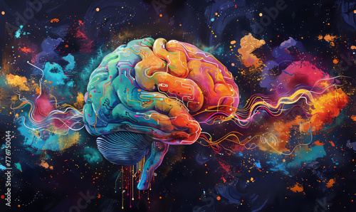 brain with circuits intertwined with paint splatters: Suggests that AI draws from both logic and creativity,generative ai © LomaPari2021