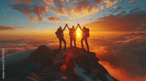 Together overcoming obstacles with three people holding hands up in the air on mountain top , celebrating success and achievements