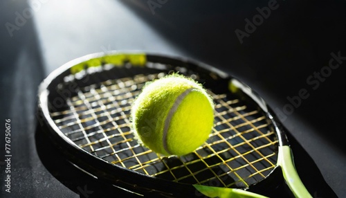 There is a racket on the floor and a tennis ball on it. © two K