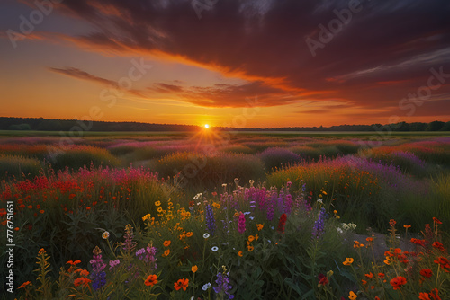 Vibrant Sunset Over Field of Wildflowers, Nature's Colors