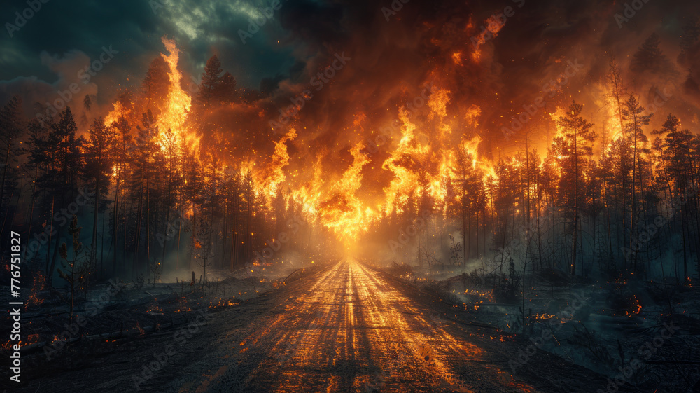 a forest on fire, we see in the foreground a road where there are no cars, because of global warming,generative ai
