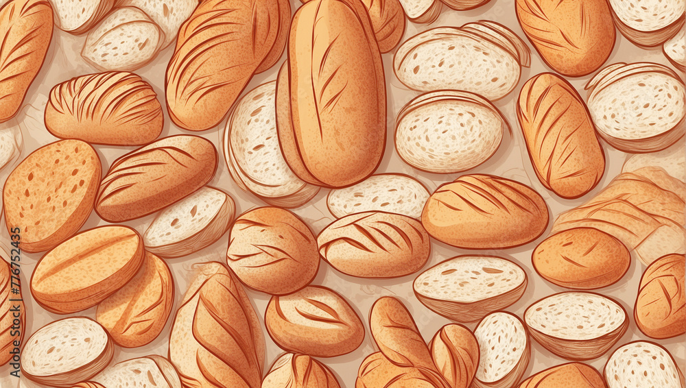 Bread theme pattern background. Bakery products. Wallpaper for a bakery. Bread theme pattern background. Bakery products. Wallpaper for a bakery.