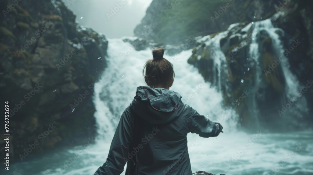Fototapeta premium A woman stands at the edge of a picturesque waterfall back facing the camera as reaches out to touch the cool mist of the . .