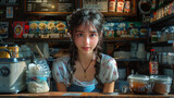 A beautiful young woman with a cafe with a pleasant atmosphere.generative ai
