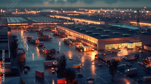 a cinematic shot of an airport with truck loading area, lots of trucks and cargo inside the terminal, at night