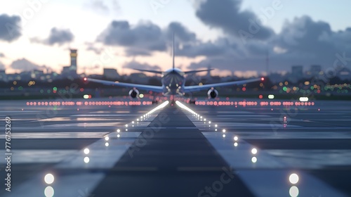  A plane taking off from the airport runway  illuminated bright lights  with city buildings in the background. 