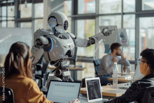 A humanoid robot is teaching students in an office, sitting at desks with laptops and whiteboards, pointing to something on the board while they look up intently