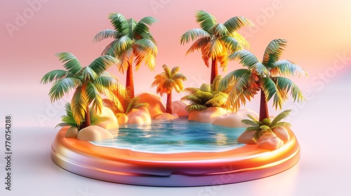 A serene 3D rendered oasis with luminous palm trees and a tranquil pool surrounded by a golden, melting frame