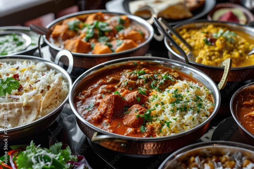 Showcase of Indian food with a diverse array of flavorful dishes, Display of diverse and flavorful Indian cuisine. Showcase of Indian food with a diverse array of flavorful dishes, Display of diverse and flavorful Indian cuisine.