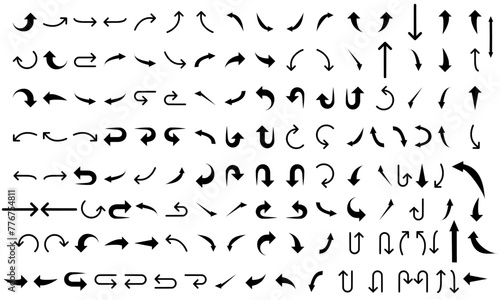 135 icont of arrow. Curved arrow icon vector illustration. Set of new style black vector arrows isolated on white. Vector icon arrow. Arrows vector illustration collection. Replaceable vector design