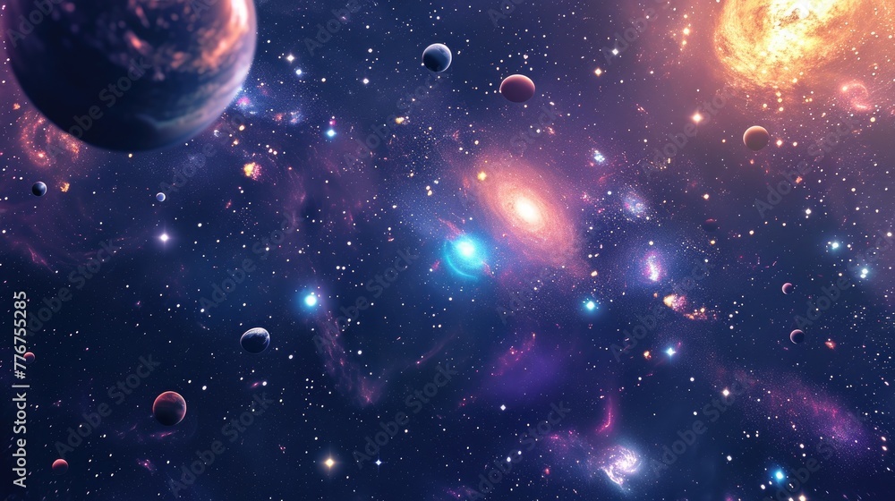 Space-themed 3D background with galaxies and stars, Dynamic 3D backdrop featuring galaxies and stars, reminiscent of space.