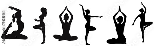 Silhouettes of woman doing yoga exercises. Yoga Silhouette on white background. Set of illustrations of a girl in a yoga pose