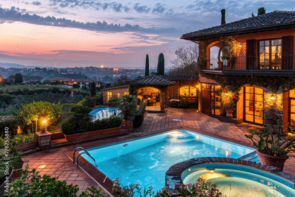 A luxurious villa with large windows, overlooking the valley and mountains at night.