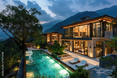 A luxurious villa with large windows, overlooking the valley and mountains at night. © Kien