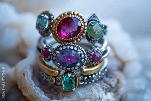 Stackable gemstone rings in various shapes and colors, Assortment of stackable gemstone rings featuring diverse shapes and colors.