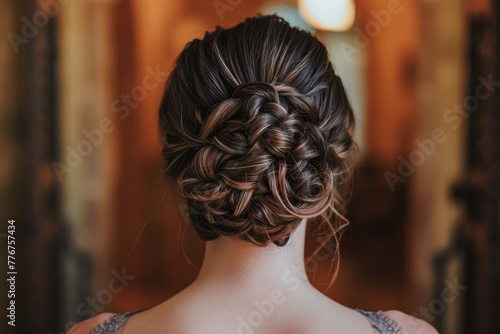Stylish updo featuring intricately braided hair extensions for added volume, Elegant updo adorned with intricately braided hair extensions, creating voluminous style.