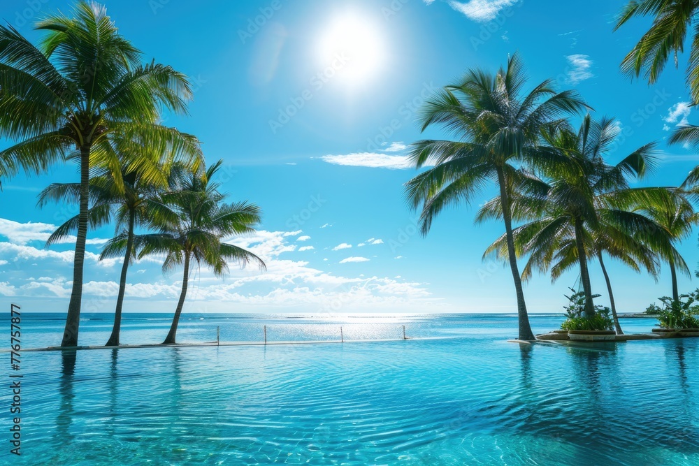 Sunny summer background at a tropical resort with palm trees and blue waters, Idyllic summer scene at a tropical resort with palm trees and crystal-clear blue waters.