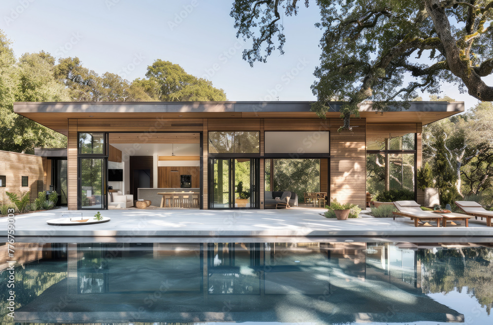 A midcentury modern style pool house with large windows and sliding doors, surrounded by an outdoor seating area with chairs, a table, and plants. 