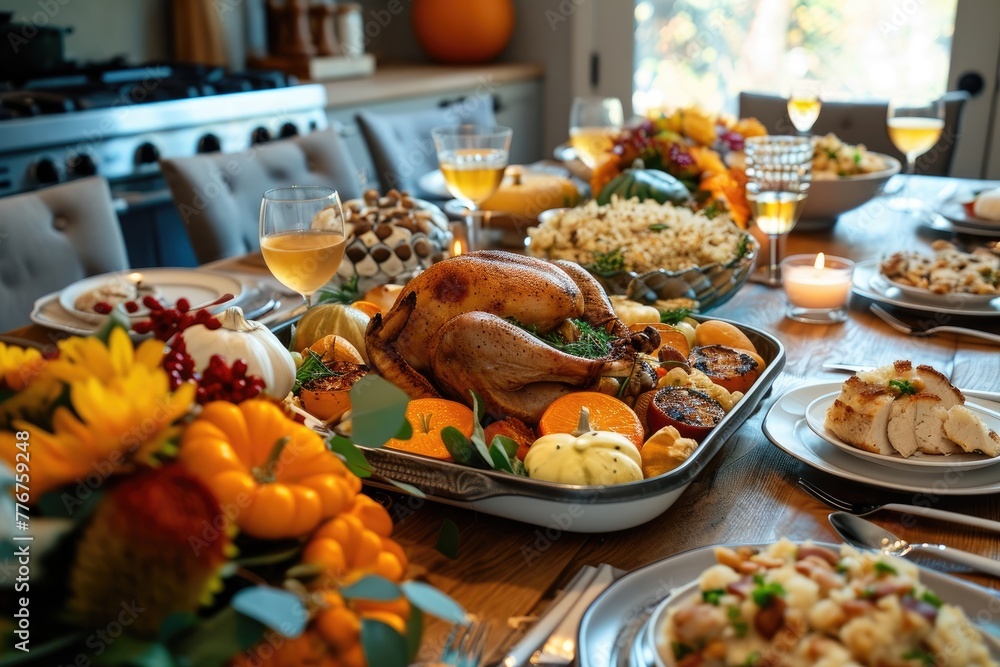 Thankful Thanksgiving atmosphere with a table laden with traditional dishes, Warm Thanksgiving ambiance with a table filled with traditional delicacies.
