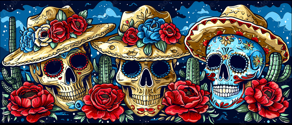 Fototapeta premium traditional sugar skull and other mexican holidays symbols. illustration