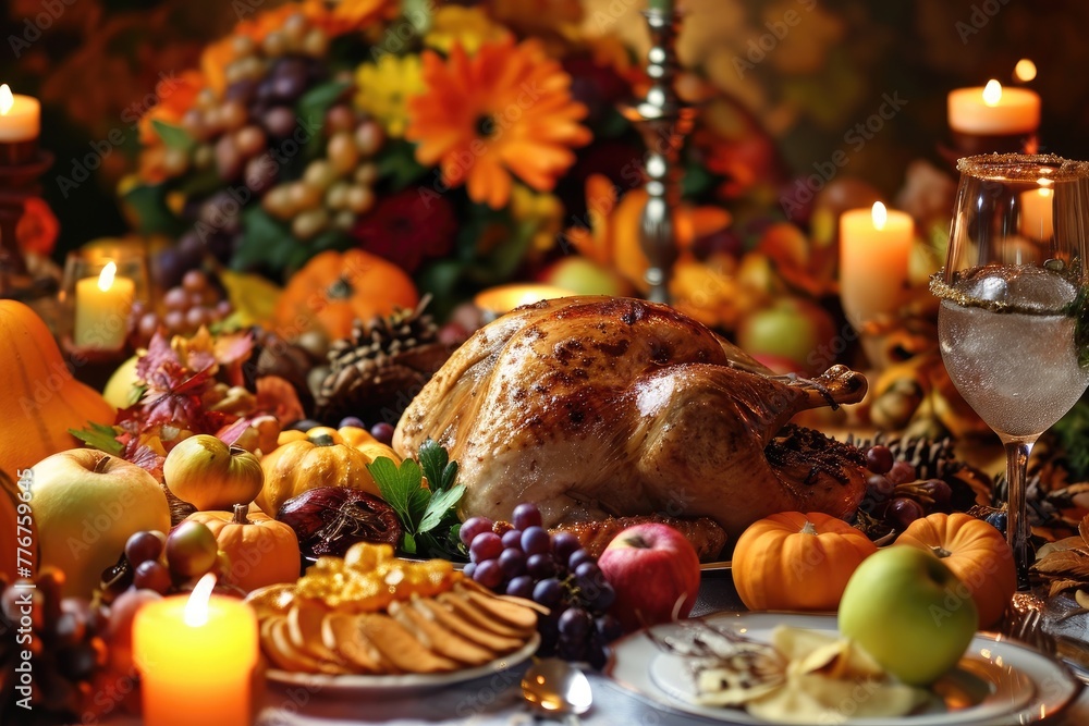 Thanksgiving atmosphere with a bountiful feast and gratitude, Warm Thanksgiving ambiance filled with a generous feast and gratitude.